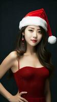 ai généré asiatique femmes pose tandis que portant rouge Père Noël claus tenues, génératif ai. photo