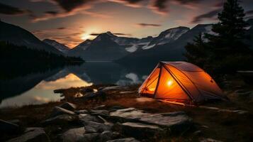 ai généré camping sur le Haut de le Montagne avec une vue de le le coucher du soleil photo