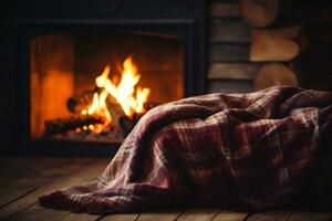 ai généré confortable hiver soir par le cheminée. une plaid sur une en bois sol. photo