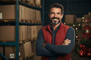 ai généré portrait de souriant Masculin entrepôt ouvrier permanent avec bras franchi dans entrepôt photo