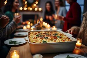 ai généré proche en haut de une cuisson plat avec nourriture sur le Contexte de une groupe de copains célébrer Noël photo