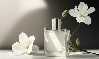 ai généré printemps romance avec clair verre parfum bouteilles. élégant parfumerie bannière. photo