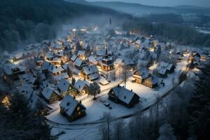 ai généré hiver village dans Carpates montagnes, Ukraine. vue de au-dessus de, aérien la photographie de une magnifique neige couvert village dans hiver soir, ai généré photo