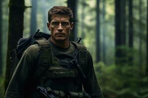 ai généré portrait de une Beau Jeune homme dans une militaire uniforme avec une sac à dos dans le forêt, une Paré soldat portrait dans le forêt, ai généré photo