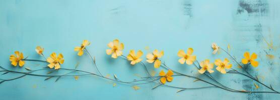 ai généré Jaune fleurs sur une lumière bleu arrière-plan, photo