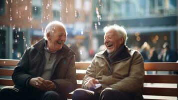 ai généré deux personnes âgées Hommes en riant dans un vieux ville centre, photo