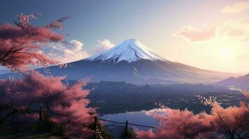 ai généré le montagnes avec Cerise fleurs dans printemps, photo