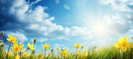 ai généré ensoleillé journée avec fleurs et herbe dans printemps bleu ciel, photo