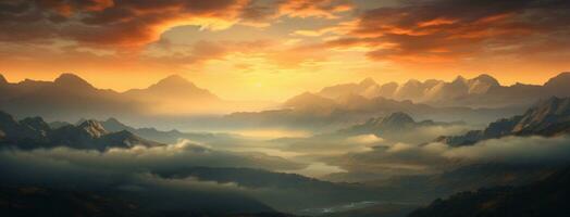 ai généré lever du soleil plus de le brumeux montagnes, photo