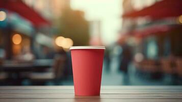 ai généré rouge papier verre avec Vide devant, réaliste sur une maquette modèle dans une en bois table photo