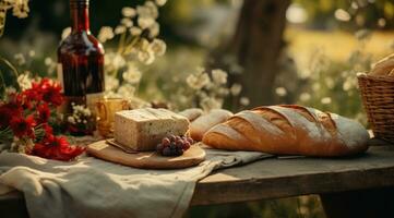 ai généré pique-nique table à le campagne avec du vin et pain, photo