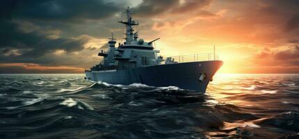 ai généré militaire navire dans le océan à coucher de soleil, photo