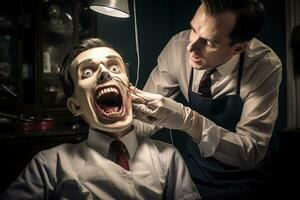 ai généré homme avec une masque dans une salon de coiffure. le homme est peur de craindre, une Jeune homme à une dentiste, ai généré photo