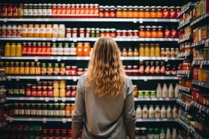 ai généré retour vue de Jeune femme à la recherche à pots avec en conserve nourriture dans supermarché, une femme comparant des produits dans une épicerie magasin, ai généré photo