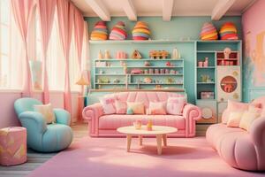 ai généré enfants pièce intérieur avec rose et bleu meubles. 3d le rendu, une jouer fête pièce avec une sucré et mignonne couleur, ai généré photo