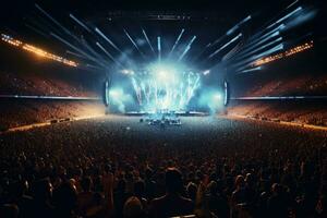 ai généré concert foule dans de face de brillant étape lumières et étape lumières, une vivre événement, tel comme une concert ou Mi-temps montrer, prise endroit à une des sports stade, ai généré photo