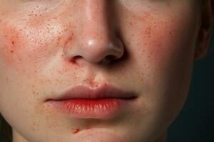 ai généré portrait de une Jeune femme avec taches de rousseur sur sa affronter, une personne faciale peau avec visible rougeur et pustules, ai généré photo