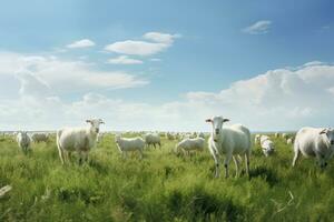 ai généré troupeau de mouton pâturage dans une vert Prairie sur une ensoleillé jour, une troupeau de blanc chèvres pâturage pacifiquement dans une luxuriant vert Prairie en dessous de le ouvert ciel, ai généré photo