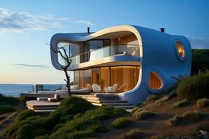 ai généré 3d rendre de une moderne maison sur le plage à coucher de soleil, une créative conçu maison par le bord de mer photo