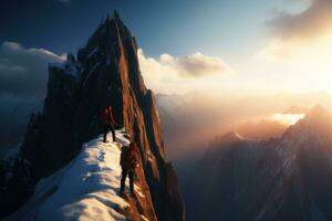 ai généré grimpeurs sur le Haut de une Montagne pendant le coucher de soleil, concert foule dans de face de brillant étape lumières. 3d le rendu, une vivre événement, tel comme une concert ou Mi-temps montrer, prise, ai généré photo