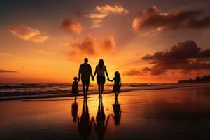 ai généré silhouette de content famille sur le plage à magnifique coucher de soleil, une content famille dans des promenades main dans main vers le bas une paradis plage pendant coucher de soleil, ai généré photo