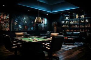 ai généré intérieur de une billard club avec vert table et noir chaises, une foncé moderne secret poker Jeu chambre, ai généré photo