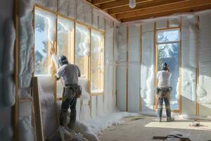 ai généré ouvriers sont La peinture le des murs de une en bois maison avec une rouleau, une construction équipage installation isolation dans le des murs de une Résidentiel propriété, ai généré photo