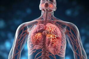 ai généré Humain cœur anatomie poumons sur bleu Contexte. 3d le rendu, 3d médical illustration de enflammé organes dans Humain corps, ai généré photo