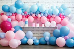 ai généré anniversaire fête décoration avec coloré des ballons et gâteau sur brique mur arrière-plan, une coloré le sexe révéler avec rose et bleu des ballons sur une tableau, ai généré photo