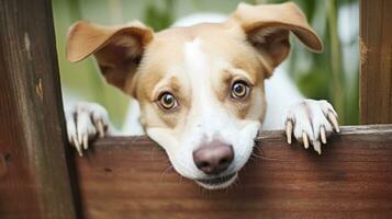 ai généré le intrigant moment de une chien en train de regarder intensément par une rustique en bois clôture photo