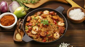 ai généré rustique festivités - une copieux portion de Jambalaya, infusé avec poulet, saucisse, crevette, et audacieux épices photo