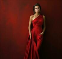 ai généré magnifique femme permanent dans une rouge robe, photo