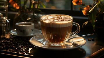 ai généré Matin harmonie, parfait cappuccino et d'or des haricots dans le chaud lumière de le café machine. génératif ai, photo