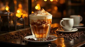 ai généré Matin harmonie, parfait cappuccino et d'or des haricots dans le chaud lumière de le café machine. génératif ai, photo