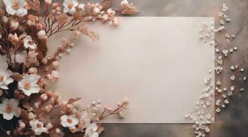 ai généré un vide papier avec blanc fleurs pour mariage invitation ou Vide papier sur gris arrière-plan, photo