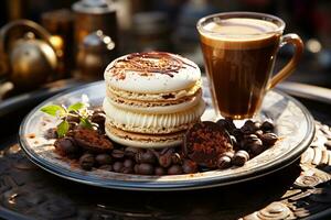 ai généré le délicieux combinaison de café et une sucré traiter, dessert avec une fumant tasse de café photo