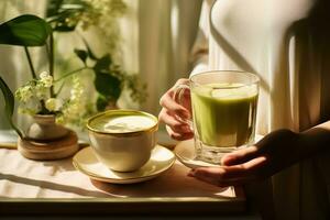 ai généré matcha latté vert Lait mousse tasse sur bois table à café. d'or heure. branché alimenté thé photo