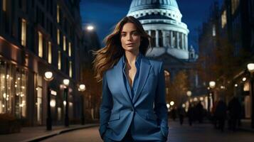 ai généré une femme habillé dans une bleu costume est en marchant dans un Urbain ville à nuit, photo