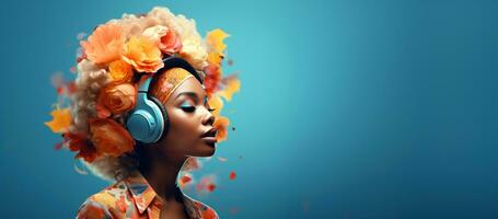 ai généré une femme dans casque de musique portant fleurs est en portant une casque, photo