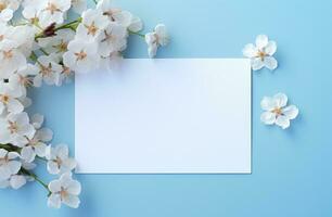 ai généré une rectangle Cadre avec délicat blanc fleur pose sur une bleu tableau, photo