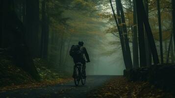 ai généré une homme équitation une bicyclette sur une route par le forêt, photo