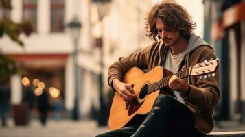 ai généré une homme séance dans ville avec un acoustique guitare, photo