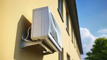 ai généré refroidissement. air conditionnement suspendu en plein air sur le mur de une moderne bâtiment photo