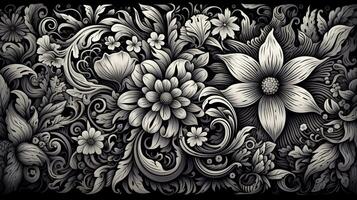 ai généré abstrait floral modèle dans noir et blanc couleurs. gothique esthétique photo