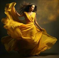 ai généré une femelle modèle dans une Jaune longue robe dansant avec sa cheveux dans le vent, photo