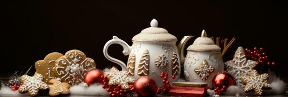 ai généré une café théière avec rouge et blanc tasses, pain d'épice biscuits et flocons de neige photo