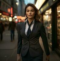 ai généré une affaires femme dans une affaires costume en marchant vers le bas le rue, photo