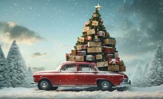 ai généré une Noël voiture conduite vers le bas neigeux route avec Noël arbre sur haut, photo