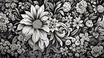 ai généré abstrait floral modèle dans noir et blanc couleurs photo