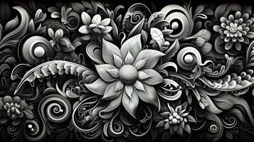 ai généré abstrait floral modèle dans noir et blanc couleurs photo